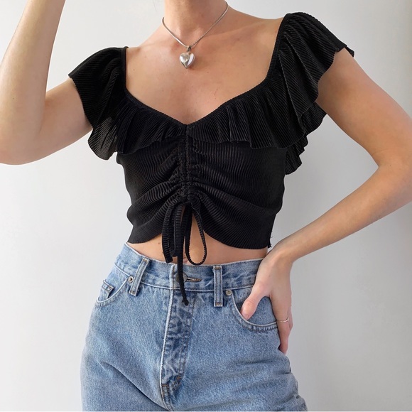 Zara Tops - ‼️SOLD‼️ Zara black satin crinkle ruffle sleeve ruched crop top